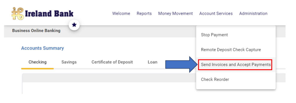 To get started, log into Business Online Banking and access Autobooks from the Account Services menu and click Send Invoices and Accept Payments.